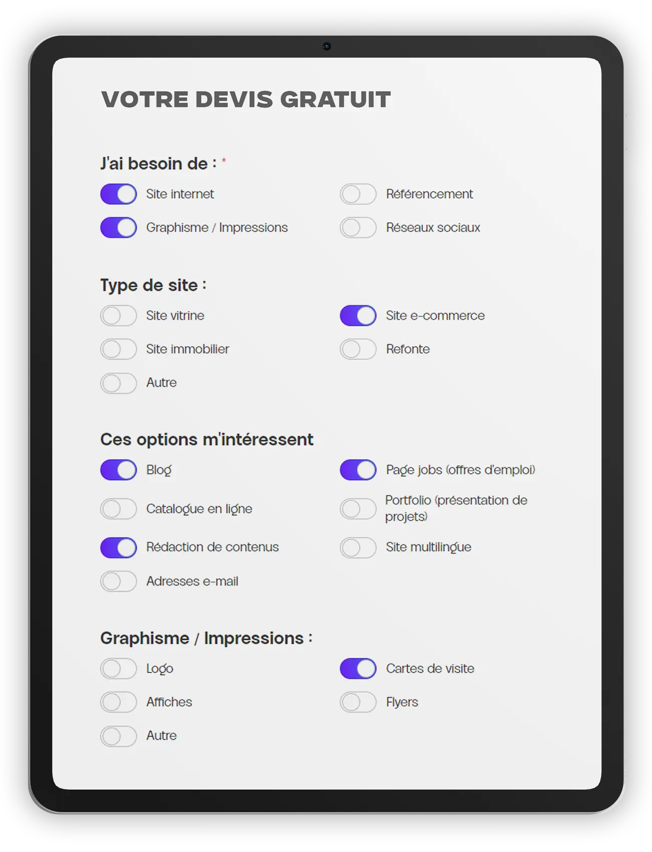 ipad avec formulaire de devis